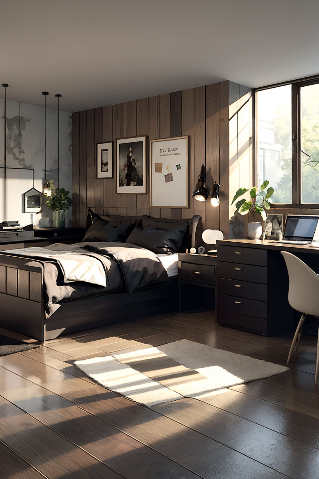 00125-3347532575-chair, indoors, no_humans, plant, potted_plant, scenery, tree, window, pillow, bed, table, wooden_floor, clock, bedroom, calenda.png